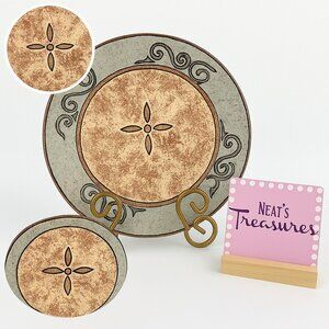 Furio MADRID Brown Tan Geometric Pattern Round Wall Plaque Porcelain Trivet Dish